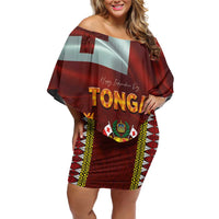 Tonga Independence Day Off Shoulder Short Dress National Flag and Emblem with Ngatu Art Pattern