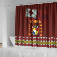 Tonga Independence Day Shower Curtain National Flag and Emblem with Ngatu Art Pattern