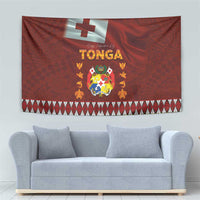 Tonga Independence Day Tapestry National Flag and Emblem with Ngatu Art Pattern
