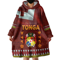 Tonga Independence Day Wearable Blanket Hoodie National Flag and Emblem with Ngatu Art Pattern