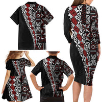 Tonga Ngatu Art Tattoo Polynesian Family Matching Long Sleeve Bodycon Dress and Hawaiian Shirt LT03 - Polynesian Pride