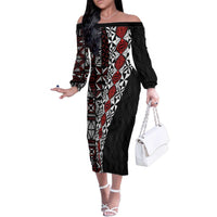 Tonga Ngatu Art Tattoo Polynesian Family Matching Off The Shoulder Long Sleeve Dress and Hawaiian Shirt LT03 Mom's Dress Black - Polynesian Pride