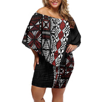 Tonga Ngatu Art Tattoo Polynesian Family Matching Off Shoulder Short Dress and Hawaiian Shirt