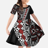 Tonga Ngatu Art Tattoo Polynesian Family Matching Short Sleeve Bodycon Dress and Hawaiian Shirt LT03 Daughter's Dress Black - Polynesian Pride