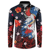 Hawaiian and Japanese Together Button Sweatshirt Hibiscus and Koi Fish Polynesian Pattern Colorful Style