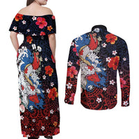 Hawaiian and Japanese Together Couples Matching Off Shoulder Maxi Dress and Long Sleeve Button Shirt Hibiscus and Koi Fish Polynesian Pattern Colorful Style