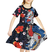 Hawaiian and Japanese Together Kid Short Sleeve Dress Hibiscus and Koi Fish Polynesian Pattern Colorful Style