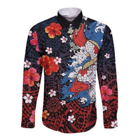 Hawaiian and Japanese Together Long Sleeve Button Shirt Hibiscus and Koi Fish Polynesian Pattern Colorful Style