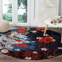 Hawaiian and Japanese Together Round Carpet Hibiscus and Koi Fish Polynesian Pattern Colorful Style