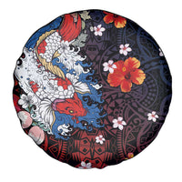 Hawaiian and Japanese Together Spare Tire Cover Hibiscus and Koi Fish Polynesian Pattern Colorful Style