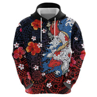 Hawaiian and Japanese Together Zip Hoodie Hibiscus and Koi Fish Polynesian Pattern Colorful Style