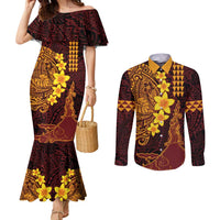 Hawaii Volcano Couples Matching Mermaid Dress and Long Sleeve Button Shirt Polynesian and Kakau Pattern