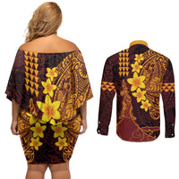 Hawaii Volcano Couples Matching Off Shoulder Short Dress and Long Sleeve Button Shirt Polynesian and Kakau Pattern LT03 - Polynesian Pride