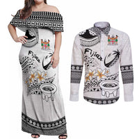 Fijian Traditional Culture Couples Matching Off Shoulder Maxi Dress and Long Sleeve Button Shirt Tapa Tribal Tattoos - Polynesian Pride