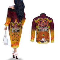 PNG Port Moresby Vipers Rugby Couples Matching Off The Shoulder Long Sleeve Dress and Long Sleeve Button Shirts Fire Vipers Mix PNG Bird Polynesian Tattoo LT03 - Polynesian Pride