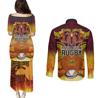 PNG Port Moresby Vipers Rugby Couples Matching Puletasi Dress and Long Sleeve Button Shirts Fire Vipers Mix PNG Bird Polynesian Tattoo LT03 - Polynesian Pride
