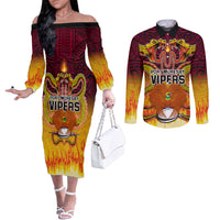 Custom PNG Port Moresby Vipers Rugby Couples Matching Off The Shoulder Long Sleeve Dress and Long Sleeve Button Shirts Fire Vipers Mix PNG Bird Polynesian Tattoo LT03 Yellow - Polynesian Pride