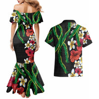 Hawaiian Tropical Flowers and Maile Pikake Couples Matching Mermaid Dress and Hawaiian Shirt Polynesian Tribal Pattern Black Color LT03 - Polynesian Pride