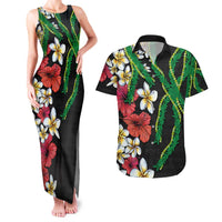 Hawaiian Tropical Flowers and Maile Pikake Couples Matching Tank Maxi Dress and Hawaiian Shirt Polynesian Tribal Pattern Black Color