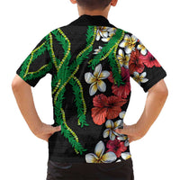 Hawaiian Tropical Flowers and Maile Pikake Family Matching Long Sleeve Bodycon Dress and Hawaiian Shirt Polynesian Tribal Pattern Black Color LT03 - Polynesian Pride