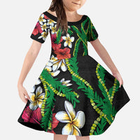 Hawaiian Tropical Flowers and Maile Pikake Family Matching Long Sleeve Bodycon Dress and Hawaiian Shirt Polynesian Tribal Pattern Black Color LT03 Daughter's Dress Black - Polynesian Pride