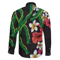 Hawaiian Tropical Flowers and Maile Pikake Family Matching Long Sleeve Bodycon Dress and Hawaiian Shirt Polynesian Tribal Pattern Black Color LT03 - Polynesian Pride