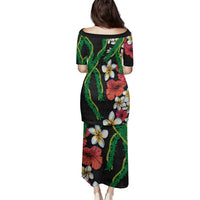 Hawaiian Tropical Flowers and Maile Pikake Family Matching Puletasi and Hawaiian Shirt Polynesian Tribal Pattern Black Color LT03 - Polynesian Pride