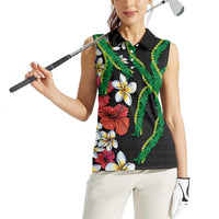 Hawaiian Tropical Flowers and Maile Pikake Women Sleeveless Polo Shirt Polynesian Tribal Pattern Black Color