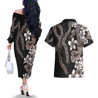 Hawaiian Tropical Flowers and Maile Pikake Couples Matching Off The Shoulder Long Sleeve Dress and Hawaiian Shirt Polynesian Tribal Pattern Grayscale Mode