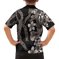 Hawaiian Tropical Flowers and Maile Pikake Family Matching Long Sleeve Bodycon Dress and Hawaiian Shirt Polynesian Tribal Pattern Grayscale Mode LT03 - Polynesian Pride