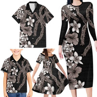 Hawaiian Tropical Flowers and Maile Pikake Family Matching Long Sleeve Bodycon Dress and Hawaiian Shirt Polynesian Tribal Pattern Grayscale Mode LT03 - Polynesian Pride