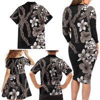 Hawaiian Tropical Flowers and Maile Pikake Family Matching Long Sleeve Bodycon Dress and Hawaiian Shirt Polynesian Tribal Pattern Grayscale Mode LT03 - Polynesian Pride