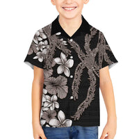 Hawaiian Tropical Flowers and Maile Pikake Family Matching Long Sleeve Bodycon Dress and Hawaiian Shirt Polynesian Tribal Pattern Grayscale Mode LT03 Son's Shirt Black - Polynesian Pride
