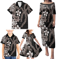 Hawaiian Tropical Flowers and Maile Pikake Family Matching Puletasi and Hawaiian Shirt Polynesian Tribal Pattern Grayscale Mode LT03 - Polynesian Pride