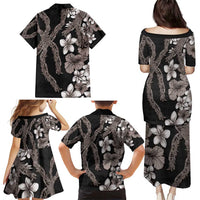 Hawaiian Tropical Flowers and Maile Pikake Family Matching Puletasi and Hawaiian Shirt Polynesian Tribal Pattern Grayscale Mode LT03 - Polynesian Pride