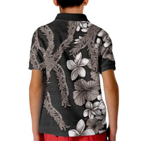 Hawaiian Tropical Flowers and Maile Pikake Kid Polo Shirt Polynesian Tribal Pattern Grayscale Mode