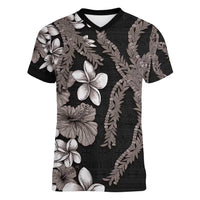 Hawaiian Tropical Flowers and Maile Pikake Women V-Neck T-Shirt Polynesian Tribal Pattern Grayscale Mode LT03 Female Black - Polynesian Pride