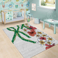 Hawaiian Tropical Flowers and Maile Pikake Area Rug Polynesian Tribal Pattern White Color