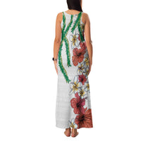 Hawaiian Tropical Flowers and Maile Pikake Family Matching Tank Maxi Dress and Hawaiian Shirt Polynesian Tribal Pattern White Color