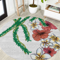 Hawaiian Tropical Flowers and Maile Pikake Round Carpet Polynesian Tribal Pattern White Color