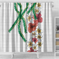 Hawaiian Tropical Flowers and Maile Pikake Shower Curtain Polynesian Tribal Pattern White Color