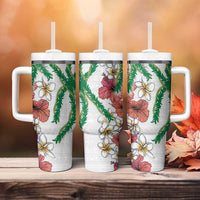 Hawaiian Tropical Flowers and Maile Pikake Tumbler With Handle Polynesian Tribal Pattern White Color