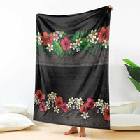 Hawaiian Tropical Flowers and Tribal Polynesian Tattoo Blanket Black Color