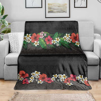 Hawaiian Tropical Flowers and Tribal Polynesian Tattoo Blanket Black Color