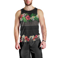 Hawaiian Tropical Flowers and Tribal Polynesian Tattoo Men Tank Top Black Color