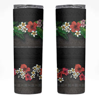 Hawaiian Tropical Flowers and Tribal Polynesian Tattoo Skinny Tumbler Black Color