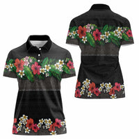 Hawaiian Tropical Flowers and Tribal Polynesian Tattoo Women Polo Shirt Black Color