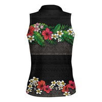 Hawaiian Tropical Flowers and Tribal Polynesian Tattoo Women Sleeveless Polo Shirt Black Color