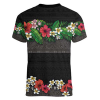 Hawaiian Tropical Flowers and Tribal Polynesian Tattoo Women V-Neck T-Shirt Black Color LT03 - Polynesian Pride