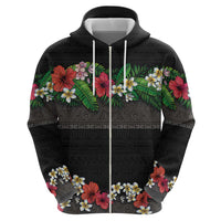 Hawaiian Tropical Flowers and Tribal Polynesian Tattoo Zip Hoodie Black Color
